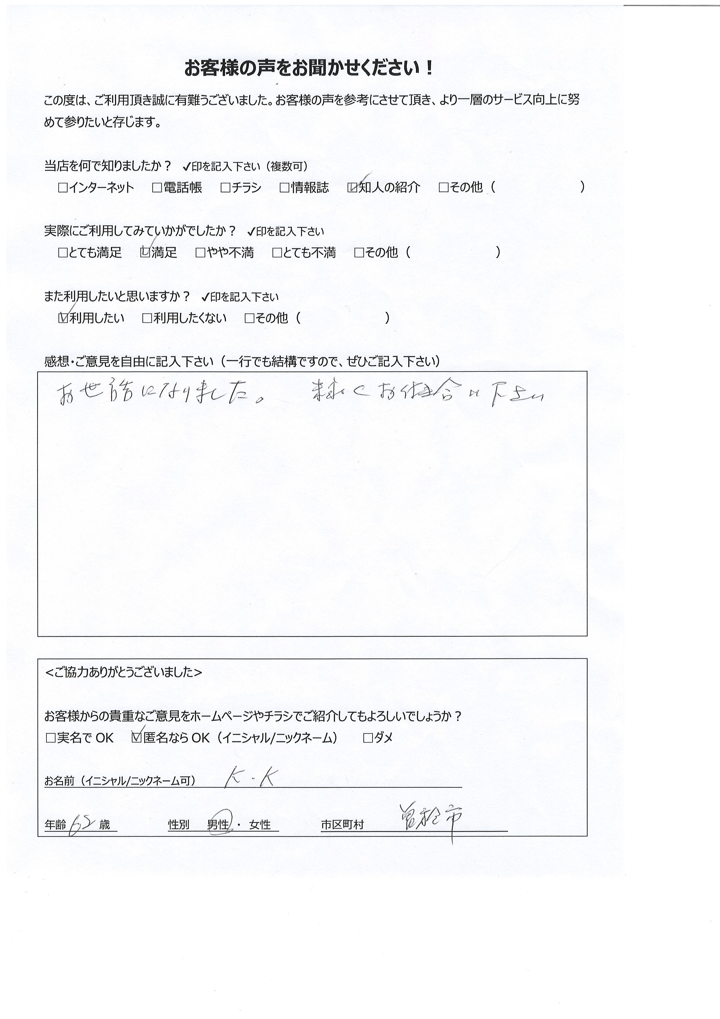 鹿児島県曽於市 男性 62歳 K･K様
