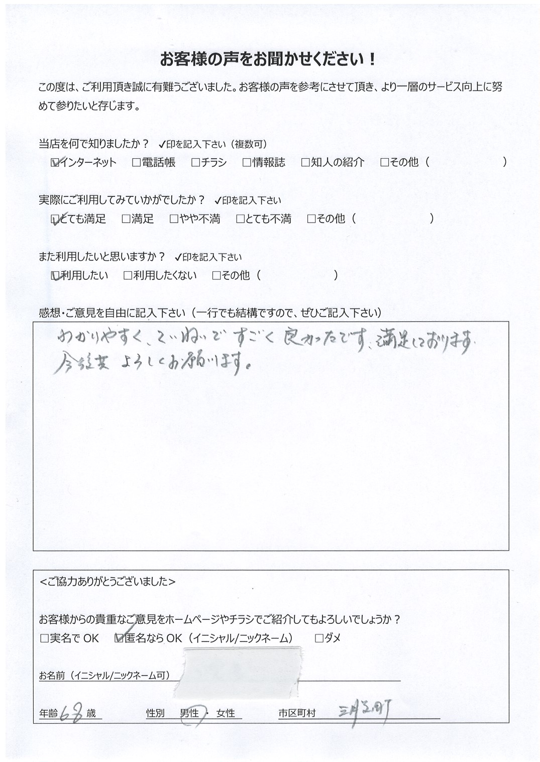 宮崎県北諸県郡三股町 男性 68歳 匿名希望様