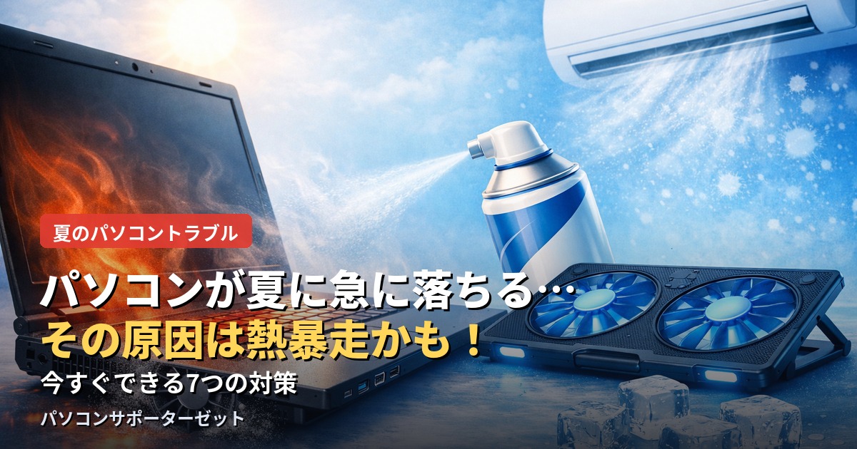 夏場にパソコンの電源が突然落ちる、動作が重くなる原因の多くは「熱暴走」です。内部にホコリが溜まる仕組みや、自分でできる対策、専門店でのクリーニング・ファン交換までを都城市のパソコンサポーターゼットが解説します。
