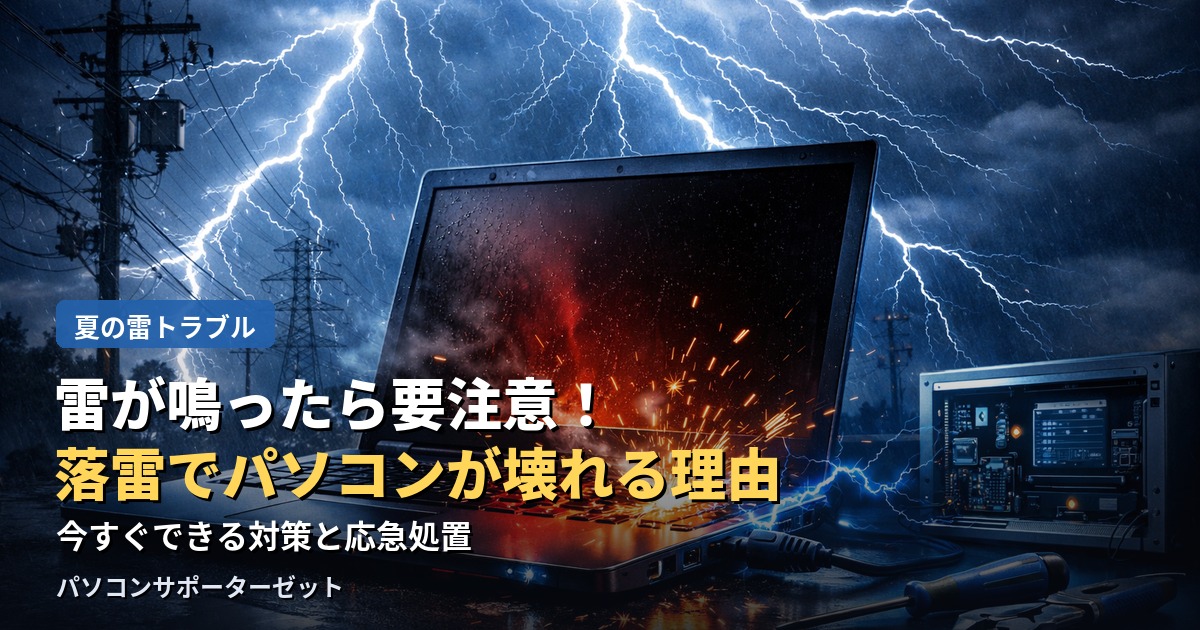 夏の雷シーズンは、落雷の電気的なショック(誘導雷)でパソコンやルーターが故障するトラブルが増えます。壊れる仕組み、雷が鳴ったときにすぐやるべきこと、データが消えてしまった場合の対処法を都城市のパソコンサポーターゼットが解説します。