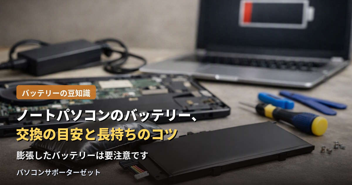 充電の減りが早い、フル充電できない、バッテリーが膨らんできた…。ノートパソコンのバッテリー劣化のサインと交換の目安、日頃からできる長持ちのコツを都城市のパソコンサポーターゼットが解説します。