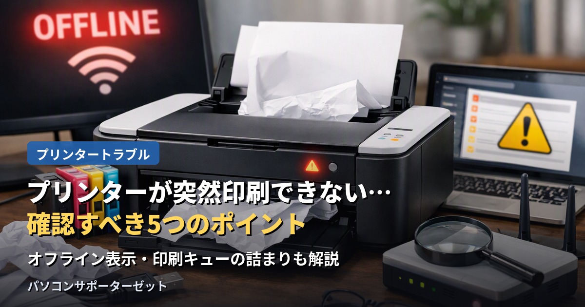 昨日まで使えていたプリンターが、突然印刷できなくなった時に確認すべき5つのポイントを解説します。「オフライン」表示や印刷キューの詰まりなど、自分で確認できる原因から、故障が疑われるケースまで、都城市のパソコンサポーターゼットがご案内します。