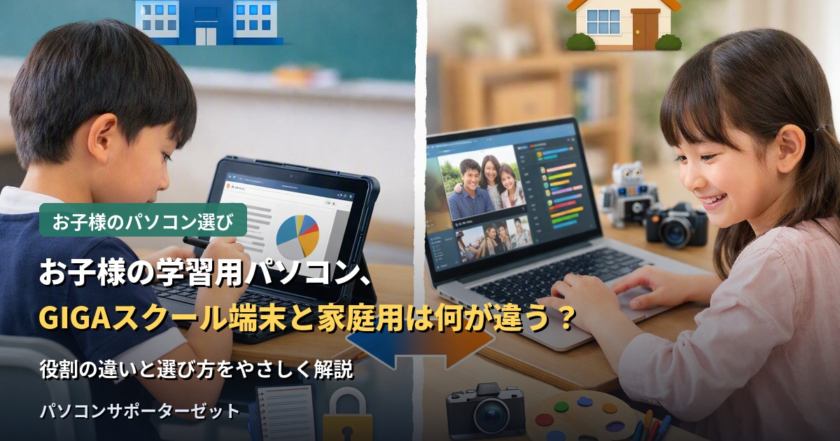 学校から配布されるGIGAスクール端末と、家庭で用意するパソコンは何が違うのか。それぞれの役割の違いと、家庭用パソコンを用意するメリット、選び方のポイントを都城市のパソコンサポーターゼットが解説します。