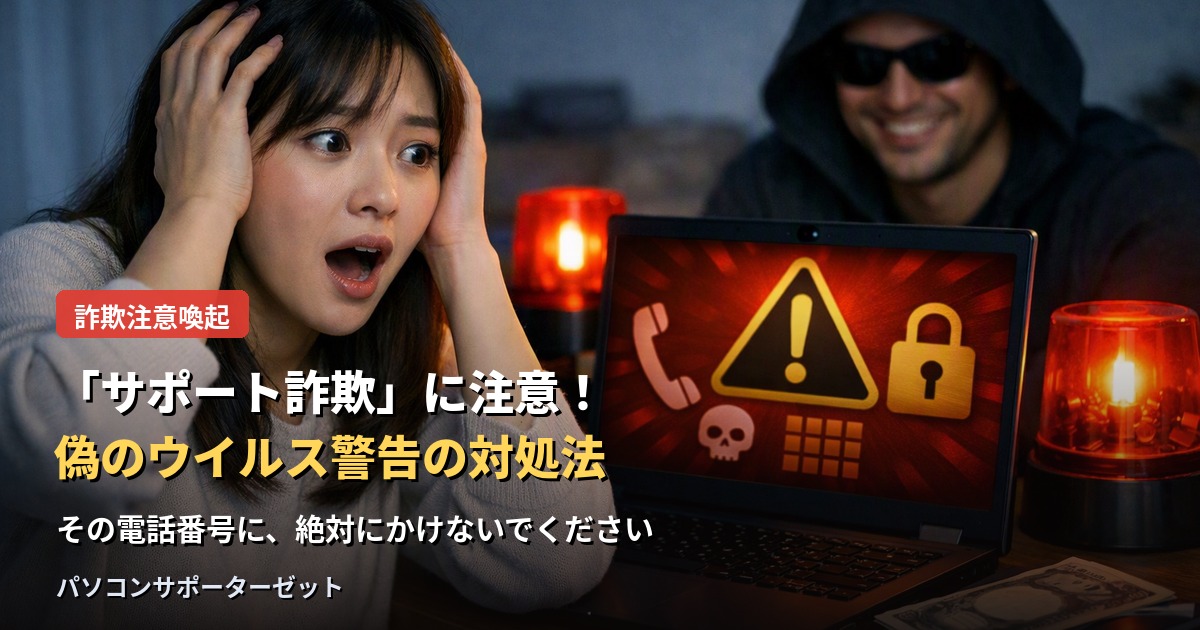 パソコンの画面に突然「ウイルスに感染しました」という警告と電話番号が表示される「サポート詐欺」。本物のセキュリティ警告との見分け方、遭遇してしまった時の正しい対処法、電話をかけてしまった場合の対応を都城市のパソコンサポーターゼットが解説します。
