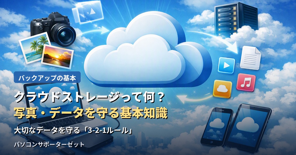 「クラウドストレージ」という言葉は知っていても、仕組みや使い方がよく分からない方へ。大切な写真やデータを守るための基本のバックアップ知識と、クラウドストレージのメリット・注意点を都城市のパソコンサポーターゼットが解説します。