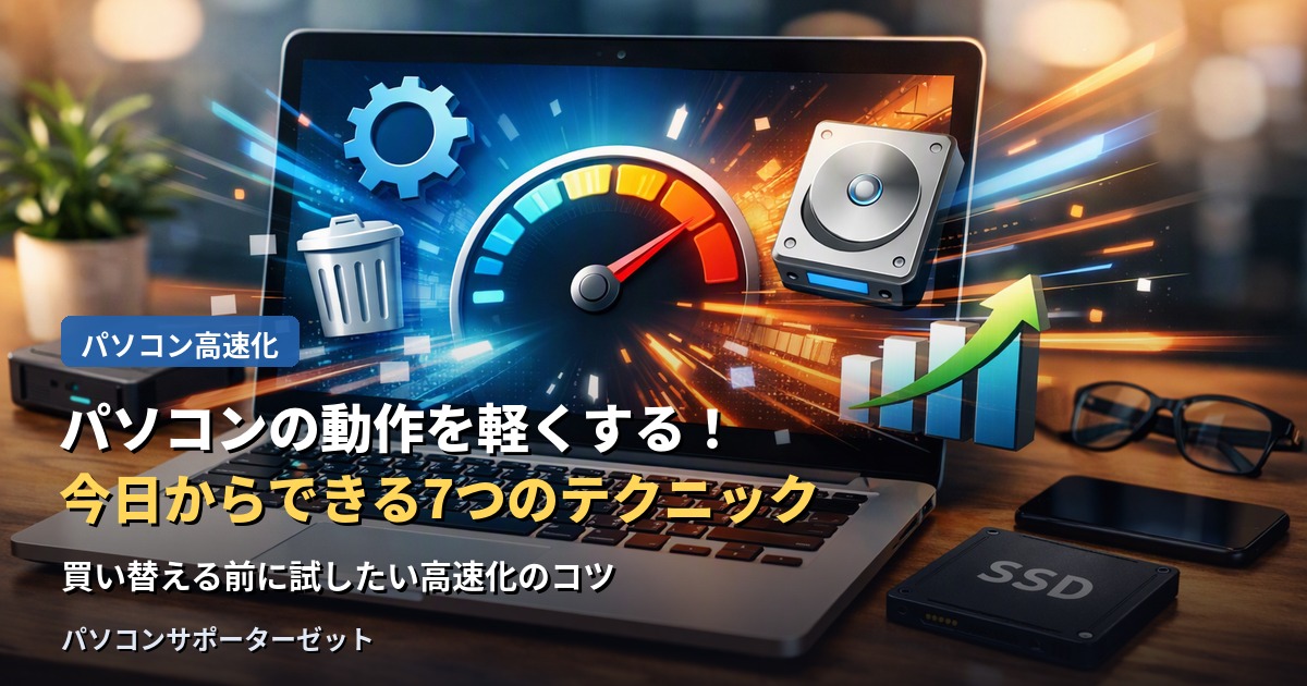 パソコンの動作が重いと感じたら、買い替える前に試したい7つの高速化テクニックをご紹介します。スタートアップの見直しから空き容量の確保まで、今日からすぐにできる方法を都城市のパソコンサポーターゼットが解説します。