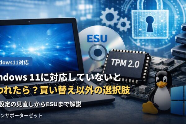 お使いのパソコンが「Windows 11の要件を満たしていません」と表示された時、買い替え以外にどんな選択肢があるのか。TPMの設定確認から拡張セキュリティ更新プログラムまで、都城市のパソコンサポーターゼットが解説します。