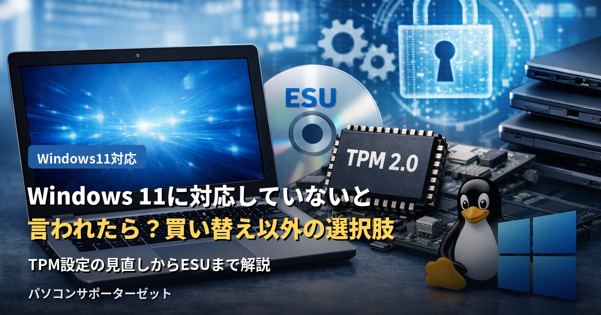 お使いのパソコンが「Windows 11の要件を満たしていません」と表示された時、買い替え以外にどんな選択肢があるのか。TPMの設定確認から拡張セキュリティ更新プログラムまで、都城市のパソコンサポーターゼットが解説します。