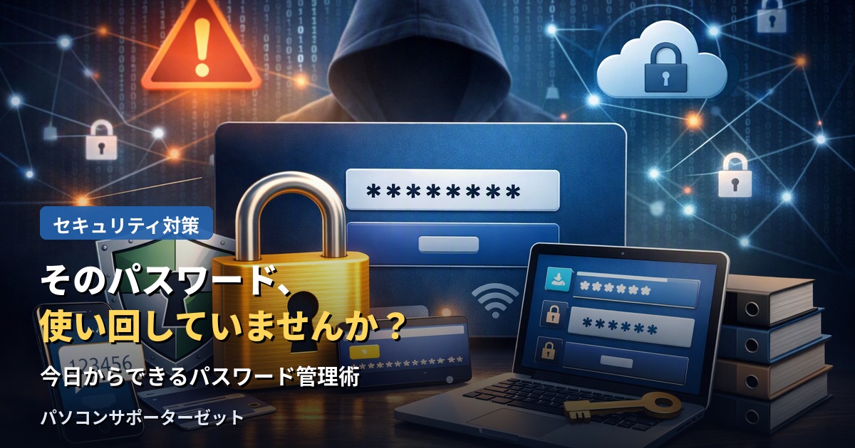 複数のサービスで同じパスワードを使い回していませんか。1つの情報漏えいが他のサービスへの不正アクセスにつながる「パスワードの使い回し」の危険性と、パスワードマネージャー・二段階認証など今日からできる管理術を都城市のパソコンサポーターゼットが解説します。