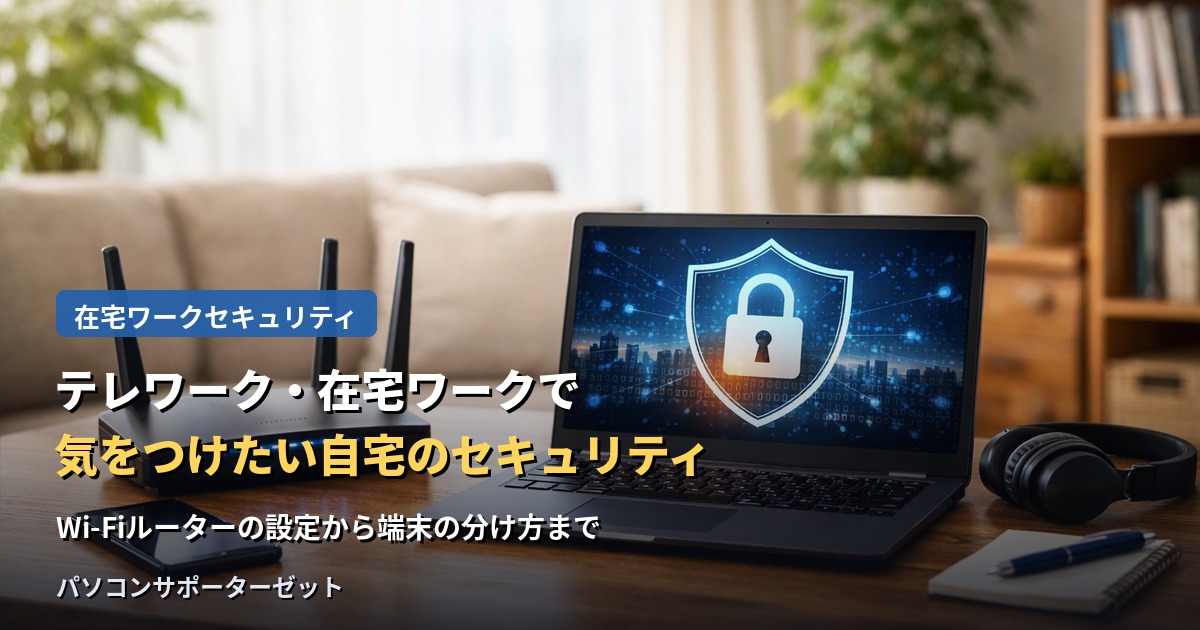 自宅のネットワークは、会社ほど厳重に守られていないことがあります。テレワーク・在宅ワークをする際に気をつけたいWi-Fiルーターの設定から、家族との端末の分け方まで、都城市のパソコンサポーターゼットが解説します。