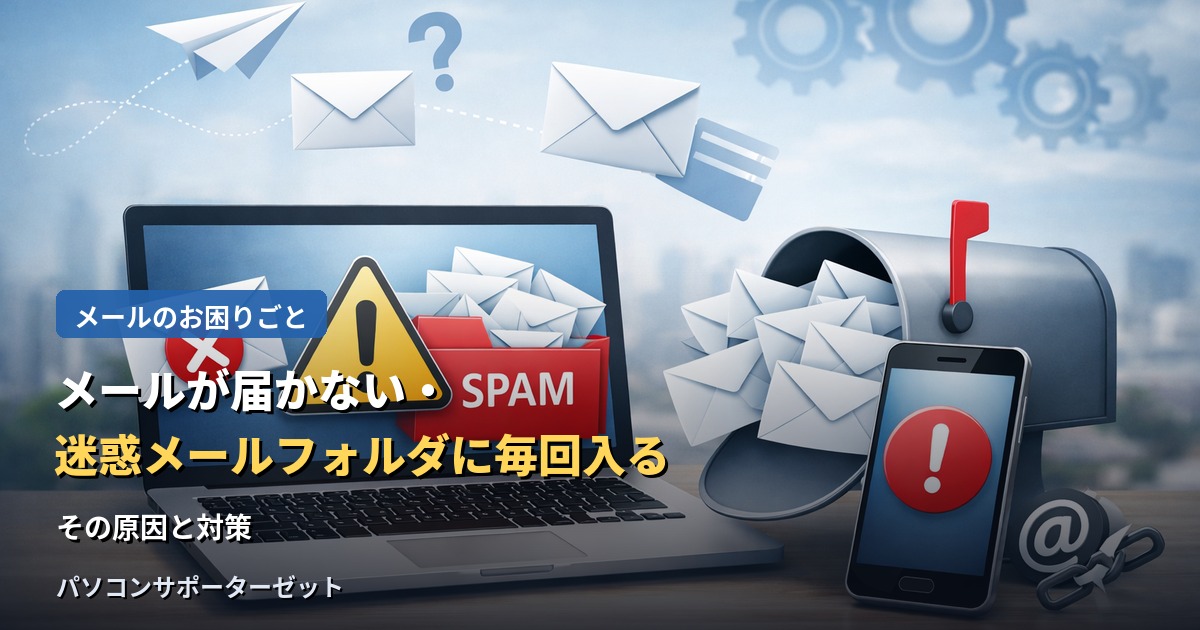 大切なメールが届かない、いつも迷惑メールフォルダに振り分けられてしまう…。よくあるメールトラブルの原因と対策を、都城市のパソコンサポーターゼットが分かりやすく解説します。