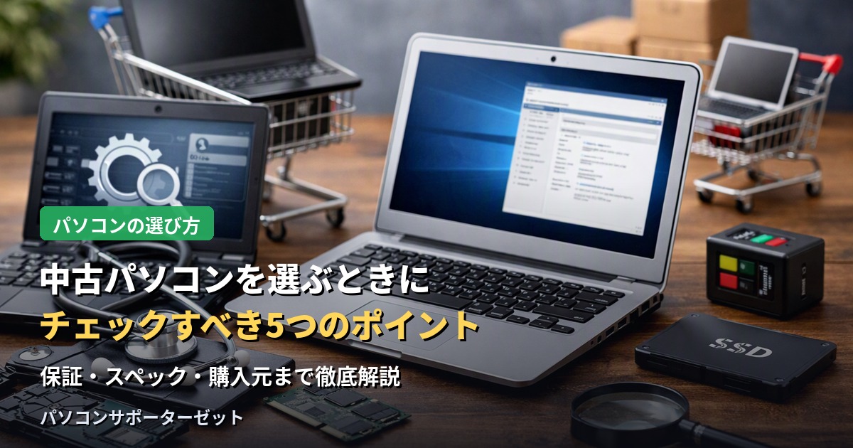 費用を抑えられる中古パソコンですが、選び方を間違えると後悔することもあります。保証の有無からスペック、購入元の信頼性まで、購入前にチェックすべき5つのポイントを都城市のパソコンサポーターゼットが解説します。