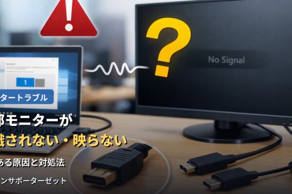 パソコンに外部モニターを繋いでも映らない、認識されない時に確認すべきことを解説します。意外と見落としがちな入力ソースの切り替えから、ケーブル・ドライバーの確認まで、都城市のパソコンサポーターゼットがご案内します。