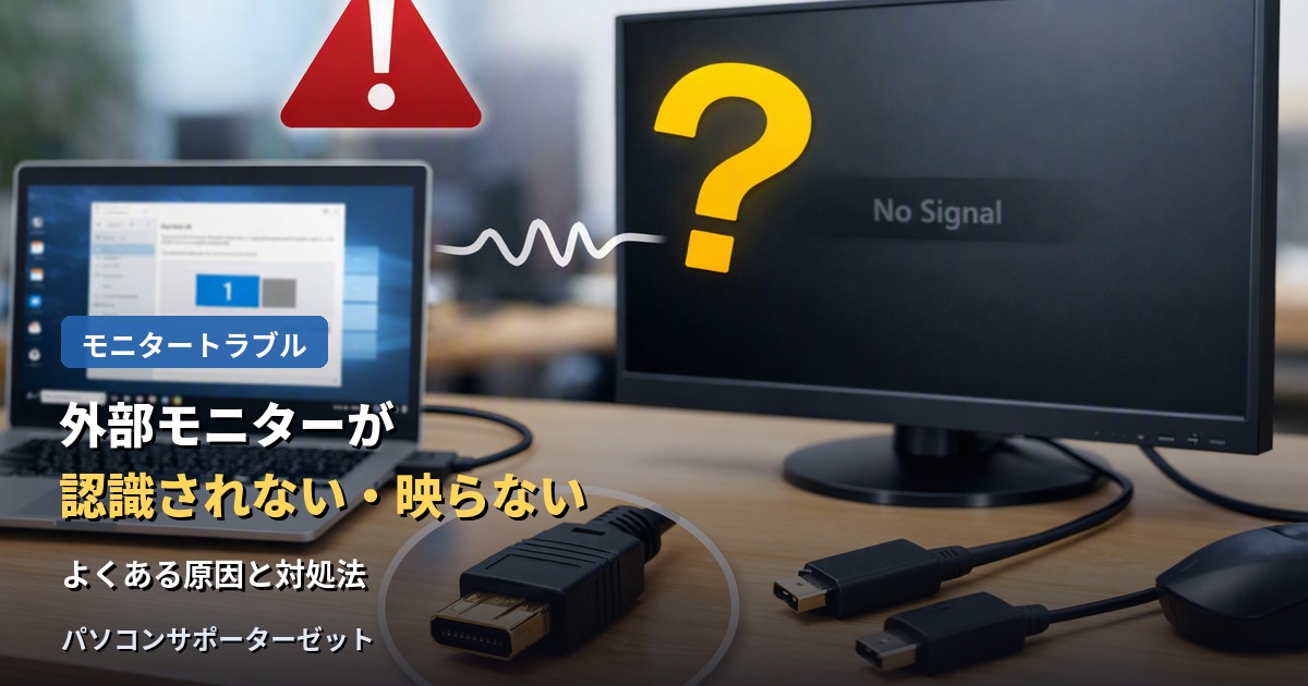 パソコンに外部モニターを繋いでも映らない、認識されない時に確認すべきことを解説します。意外と見落としがちな入力ソースの切り替えから、ケーブル・ドライバーの確認まで、都城市のパソコンサポーターゼットがご案内します。