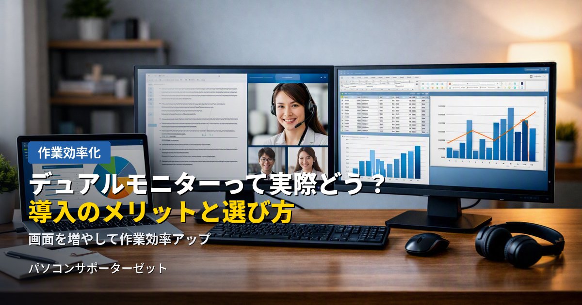在宅ワークやオフィスでよく聞く「デュアルモニター」。実際どんなメリットがあるのか、導入前に確認すべきこと、選び方のポイントまで都城市のパソコンサポーターゼットが解説します。