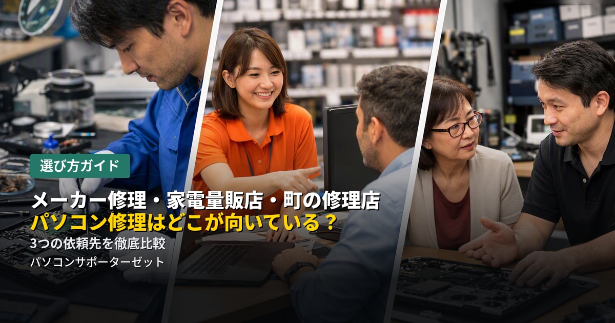 パソコンが故障したとき、メーカー修理・家電量販店・街の修理専門店、それぞれどんな方に向いているのでしょうか。特徴を比較しながら、ご自身の状況に合った選び方を都城市のパソコンサポーターゼットが解説します。