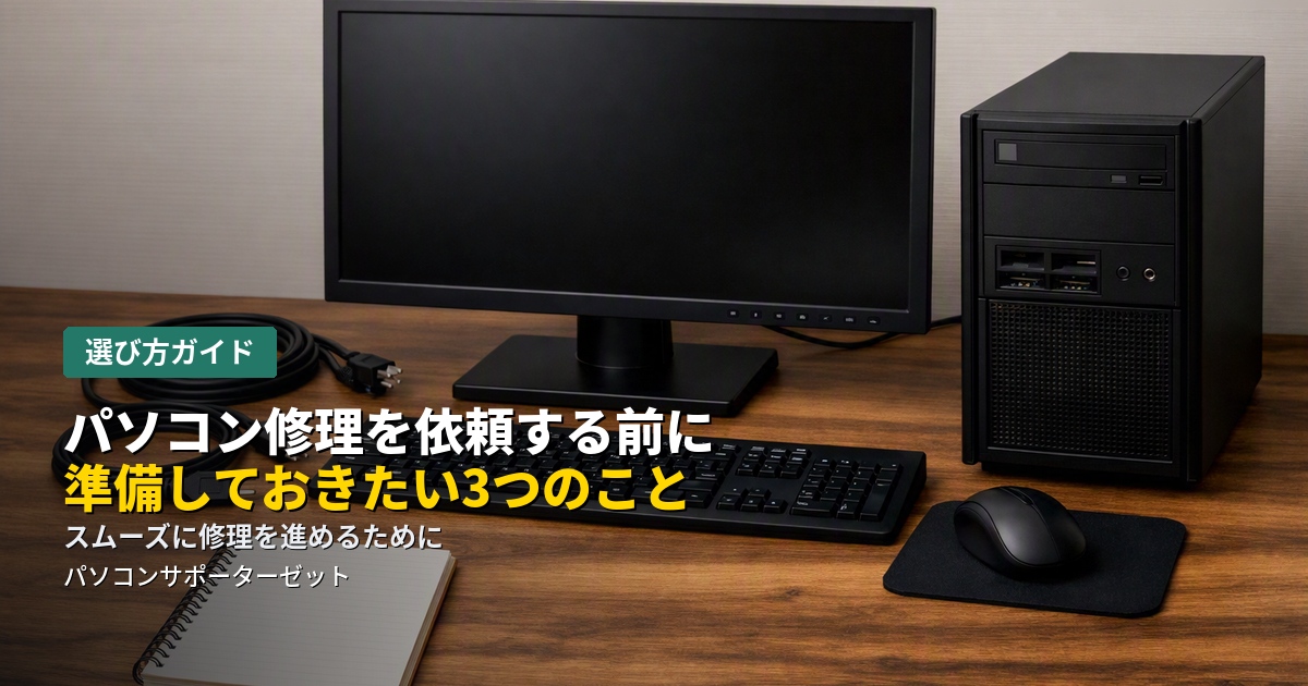 パソコン修理をスムーズに進めるために、依頼前に準備しておきたいことをご紹介します。症状のメモ、バックアップ、付属品の準備など、都城市のパソコンサポーターゼットが解説します。