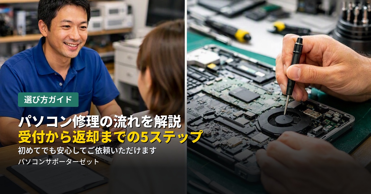 パソコン修理を依頼するのは初めてで、どんな流れで進むのか不安…という方に向けて、受付から返却までの流れを5つのステップに分けて都城市のパソコンサポーターゼットが解説します。