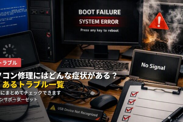 パソコンの不調は症状によって原因も対処法も異なります。起動・画面表示・動作の重さ・周辺機器・ソフトウェア・セキュリティなど、カテゴリ別によくあるトラブルを一覧でまとめました。都城市のパソコンサポーターゼットがご紹介します。