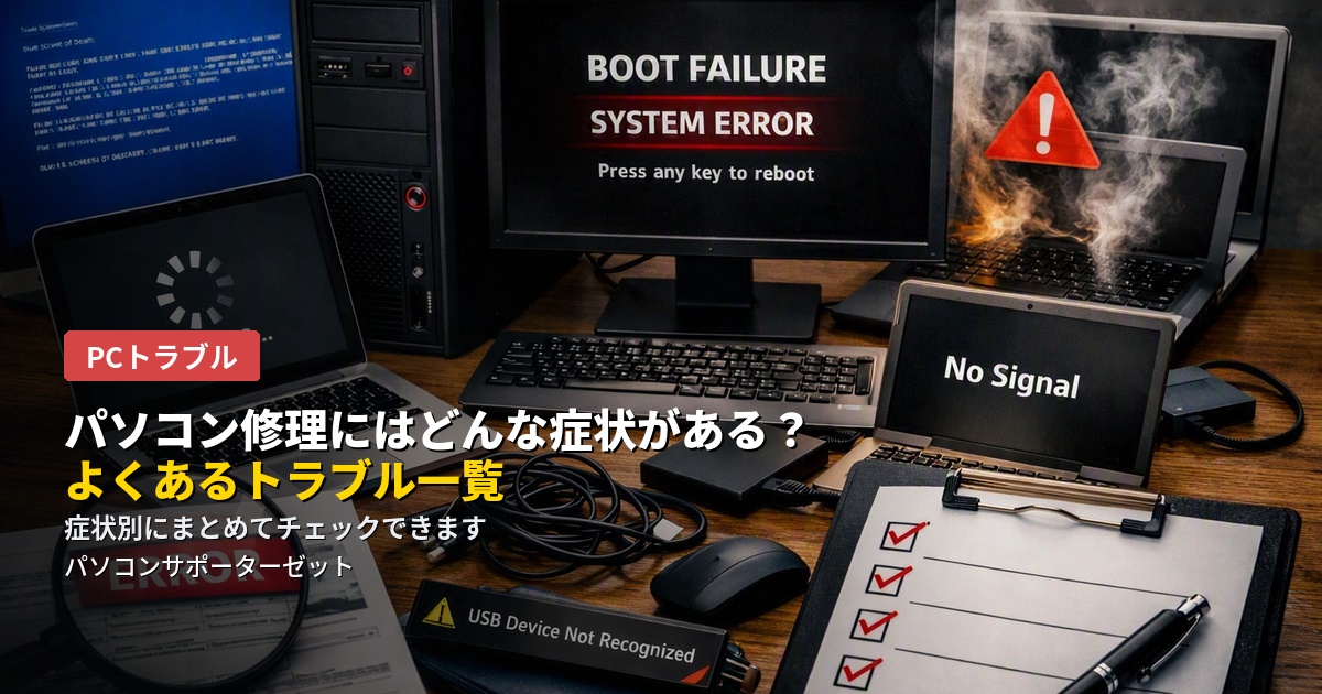 パソコンの不調は症状によって原因も対処法も異なります。起動・画面表示・動作の重さ・周辺機器・ソフトウェア・セキュリティなど、カテゴリ別によくあるトラブルを一覧でまとめました。都城市のパソコンサポーターゼットがご紹介します。