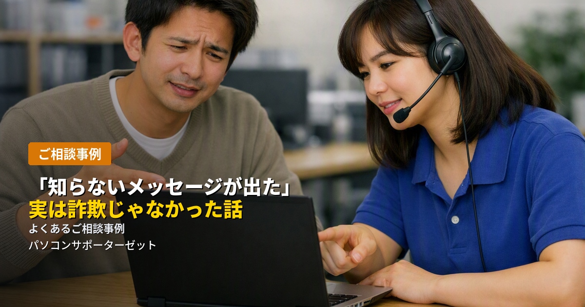 見慣れないメッセージが表示されて「詐欺かもしれない」とご相談いただいたケースをもとに、確認してみて分かったこと、詐欺と勘違いしやすい理由、そして本当に注意すべきポイントを都城市のパソコンサポーターゼットがご紹介します。