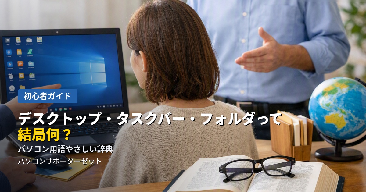 パソコンの説明でよく聞く「デスクトップ」「タスクバー」「フォルダ」「OS」といったカタカナ・専門用語を、初めての方にもわかるやさしい言葉で解説する用語辞典です。都城市のパソコンサポーターゼットがご紹介します。