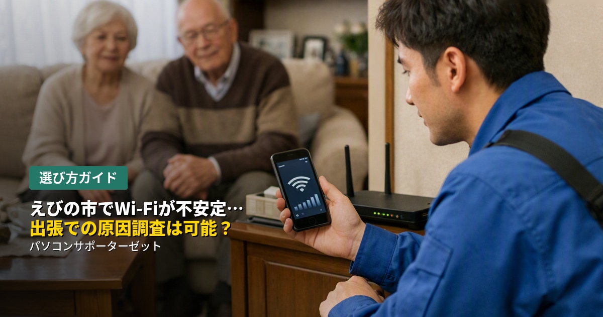 えびの市でWi-Fiの接続が不安定というお悩みに、出張での原因調査は可能なのか。現地でしか分からない原因と、出張・持ち込みどちらが向いているかを都城市のパソコンサポーターゼットが解説します。