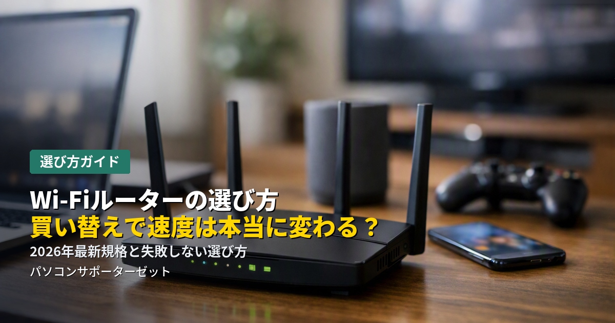 「Wi-Fiが遅い」を解決するためにルーターを買い替えるべきか迷っていませんか。買い替えで速度が改善するケース・しないケース、2026年現在の規格の違い、選ぶときのチェックポイントを都城市のパソコンサポーターゼットが解説します。