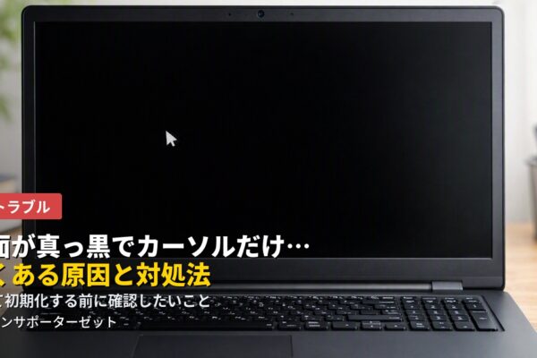 パソコンを起動したら画面が真っ暗で、マウスカーソルだけが表示されて先に進まない。そんな症状のよくある原因と、自分で試せる対処法、絶対に避けたいNG行動まで都城市のパソコンサポーターゼットが解説します。