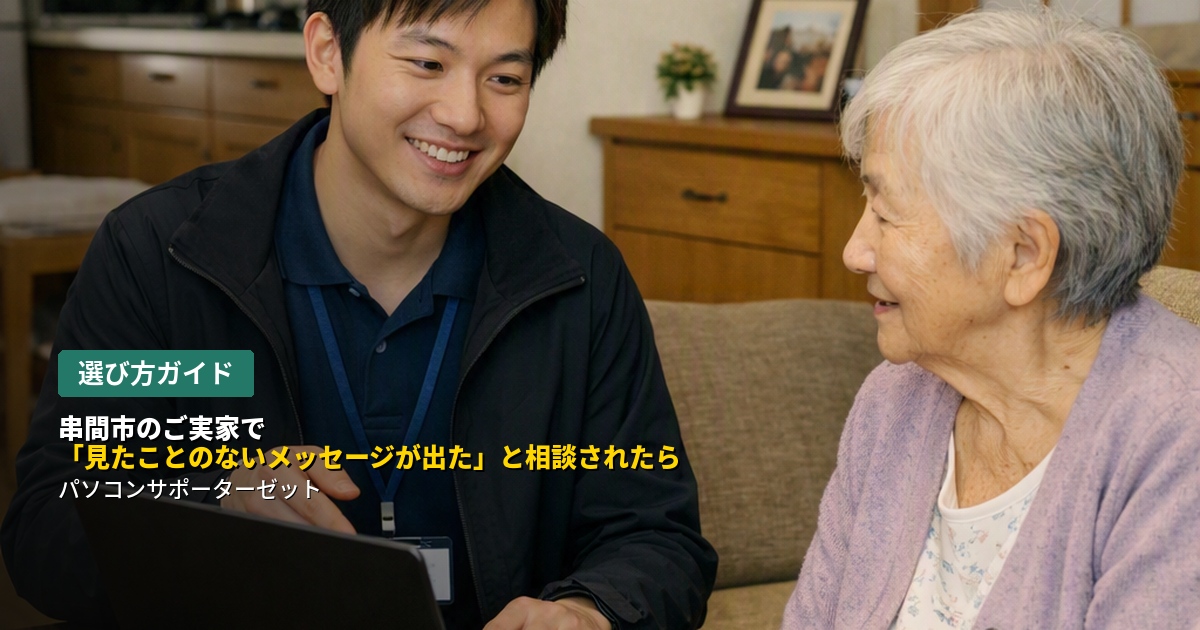 串間市のご実家から「見たことのないメッセージが出た」と連絡があったとき、離れて暮らすご家族がまず確認したいことと、当店の出張対応について都城市のパソコンサポーターゼットが解説します。