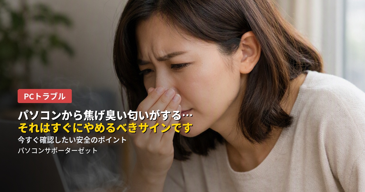 パソコンから焦げ臭い匂いがしたら、それは他のトラブルとは違い、安全に関わる緊急のサインです。今すぐやるべきこと、絶対にやってはいけないこと、煙や炎が見える場合の対応を都城市のパソコンサポーターゼットが解説します。