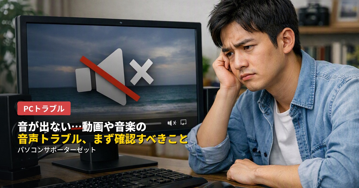 パソコンで動画や音楽を再生しても音が出ない時のよくある原因と、自分で確認できるチェックポイントを都城市のパソコンサポーターゼットが解説します。ミュート設定や出力先の確認だけで解決することも多いトラブルです。