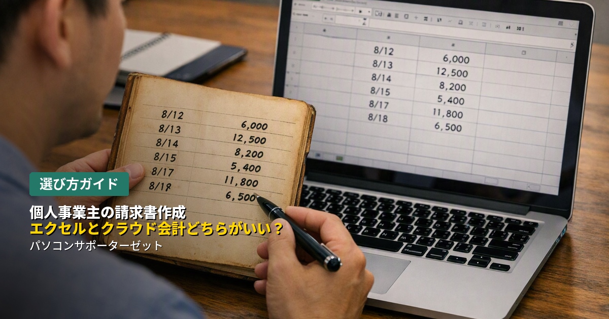 個人事業主の請求書作成、エクセルの手作り管理とクラウド会計サービス、結局どちらを選べばいいのか迷っていませんか。それぞれのメリット・デメリットと、判断のポイントを都城のパソコンサポーターゼットが詳しく解説します。