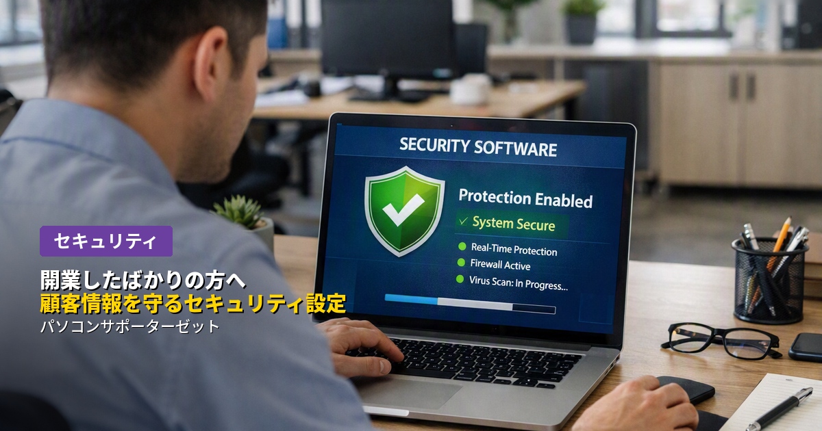 開業したばかりの方に向けて、顧客情報を守るために整えておきたいパソコンのセキュリティ設定をご紹介します。セキュリティソフト、パスワード管理、二段階認証、日頃の備えまで都城のパソコンサポーターゼットが詳しく解説します。