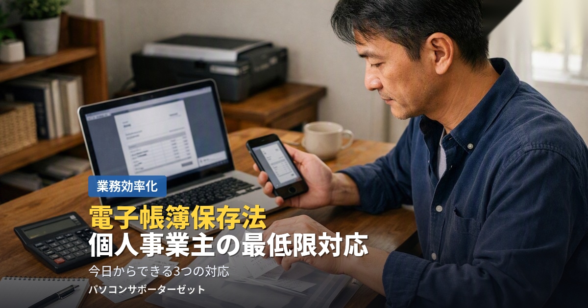2024年から完全義務化された電子帳簿保存法。都城市のパソコンサポーターゼットが、個人事業主が実際にやるべき最低限の対応だけを2026年最新情報でわかりやすく整理します。