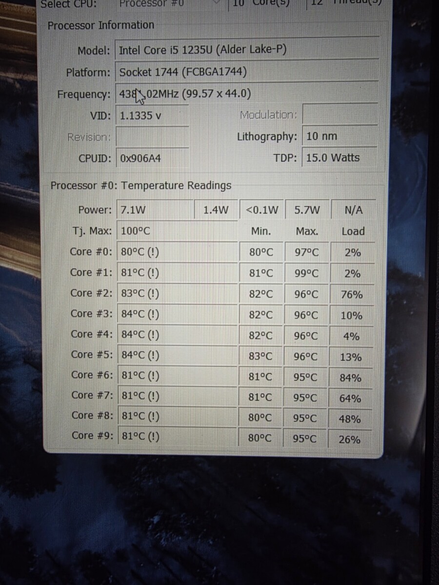 診断ソフトCore Tempの画面。CPUのほとんどのコアが80℃台の高温を示し、警告マーク(!)が多数表示されている