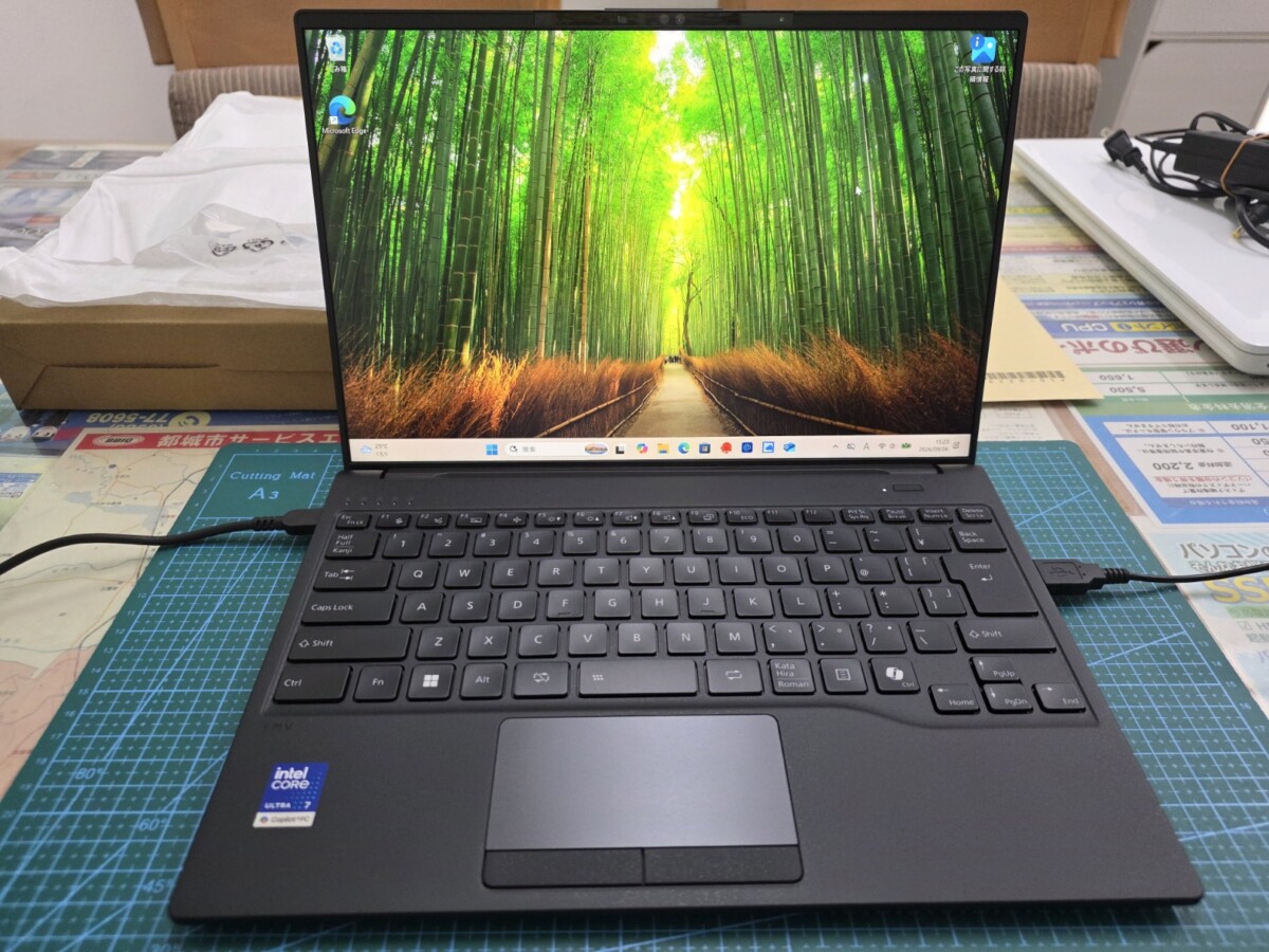 初期設定完了後、竹林の壁紙が表示されたデスクトップ画面。アイコンはMicrosoft Edgeのみが並んでいる